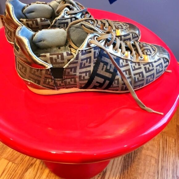 Fendi Metallic Gold and Brown Logo Sneakers - Picture 4 of 8